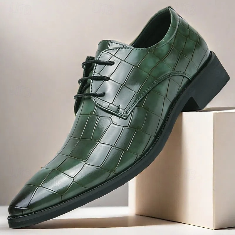 Men's Green Crocodile Pattern Faux Leather Oxford Shoes - Stylish Lace-Up Dress Shoes for Formal Events, Business and Weddings