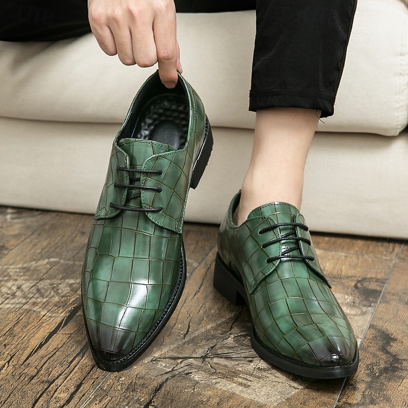 Men's Green Crocodile Pattern Faux Leather Oxford Shoes - Stylish Lace-Up Dress Shoes for Formal Events, Business and Weddings2