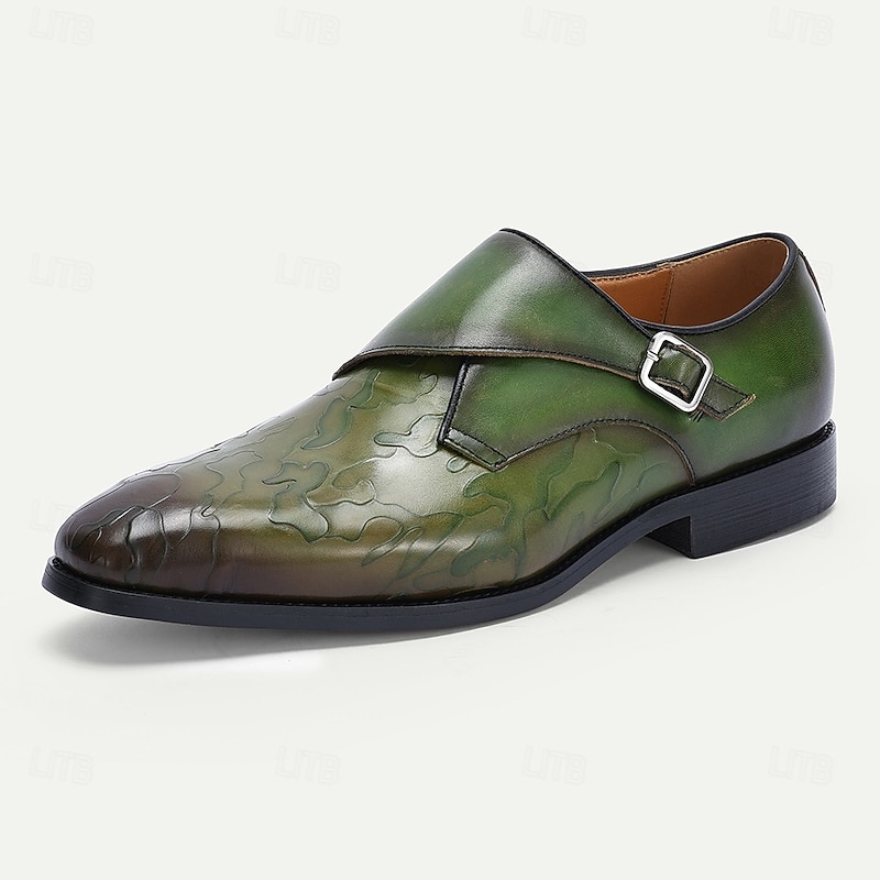 Men's Green Leather Monk Strap Dress Shoes – Premium Cowhide, Camouflage Pattern, Elegant Formal Footwear for Weddings and Business Events3