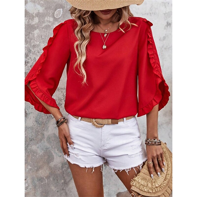 Women's Blouse Solid Color Elegant Daily Stylish 3/4 Length Sleeve Crew Neck Regular Tops Work Daily Holiday Black Red Green Khaki Summer Spring Fall3