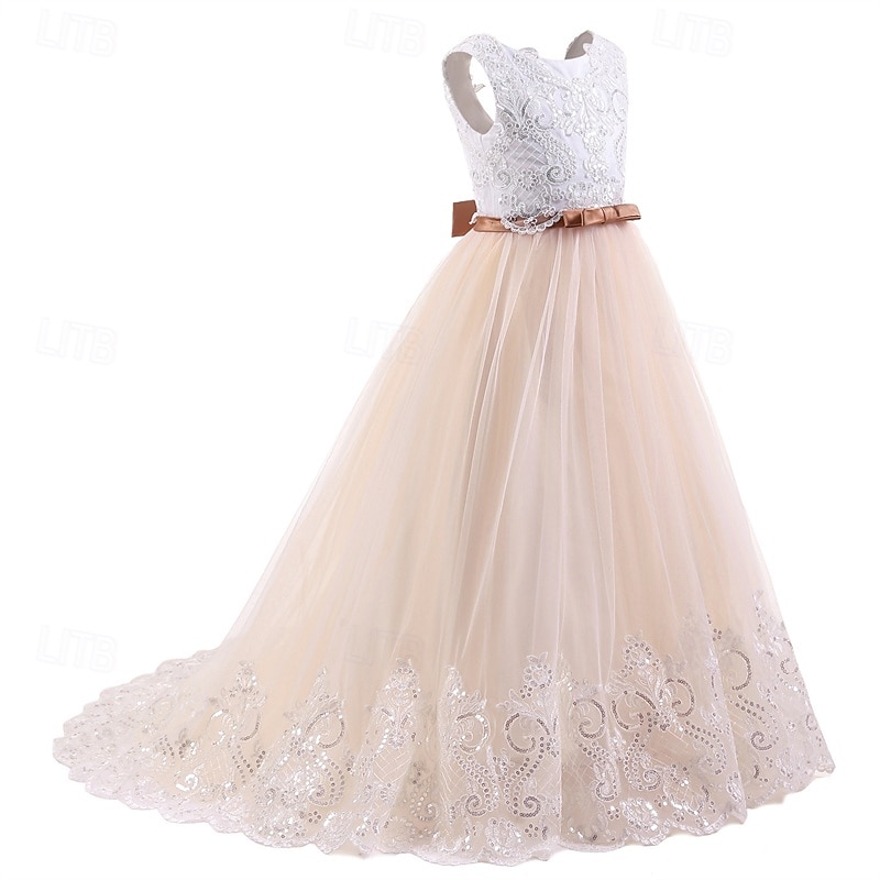 Flower Girl Dress Kid's Girls' Princess Dress Performance Wedding Party Elegant Beautiful Lace Mesh Solid Color Sleeveless Crew Neck Light Yellow Light Pink 4 years+4
