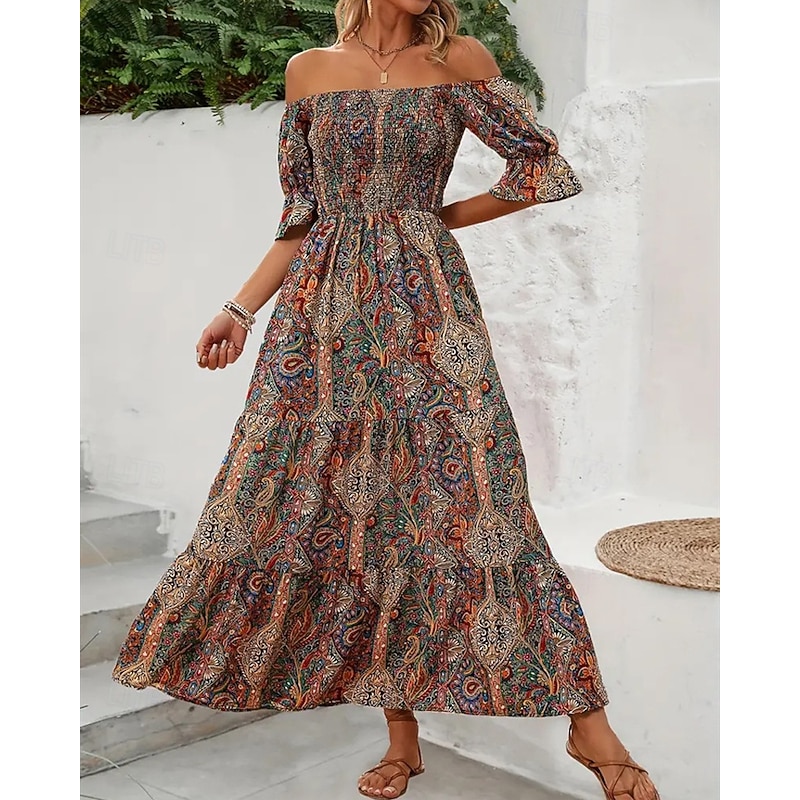 Women's Long Dress Maxi Dress A Line Dress Summer Dress Boho Dress Elegant Bohemia Stylish Vacation Daily Date Regular Fit Graphic Short Sleeve Off Shoulder Green Dark Blue Summer2