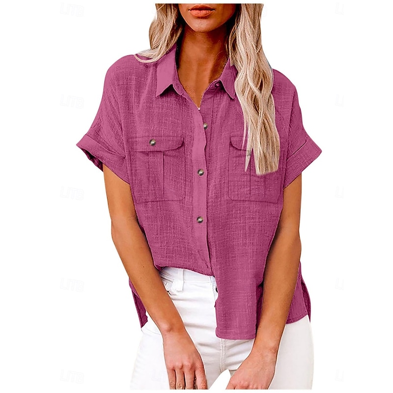 Women's Shirt Cotton Linen Shirts Button Up Blouse Solid Color Stylish Casual Short Sleeve Shirt Collar Regular Tops Daily Buttons Pocket Silver Wine Army Green Rose Pink Summer