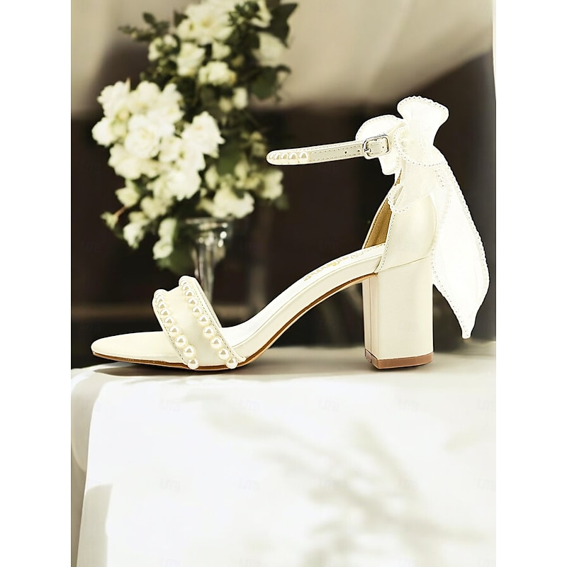 White Pearl-Embellished Bridal Sandals with Bow Strap – Perfect for Weddings and Formal Events2