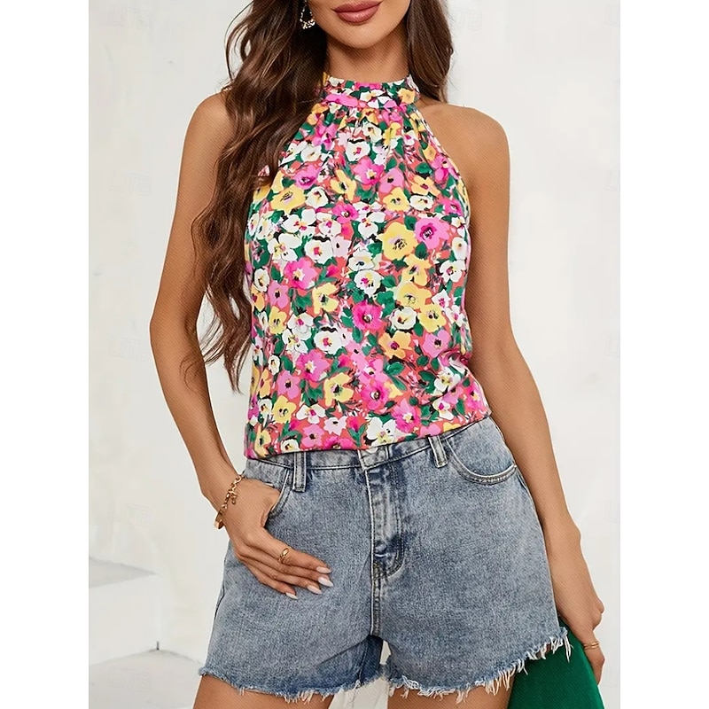 Women's Camisole Tank Top Floral Stylish Casual Sleeveless Halter Neck Regular Tops Daily Print Pink Summer4