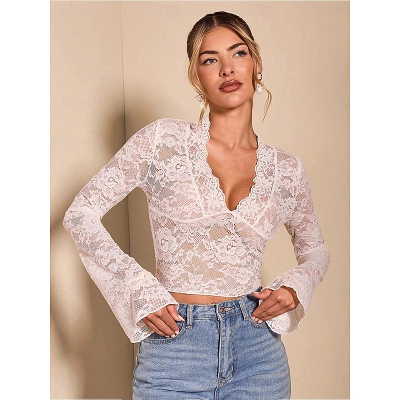 Women's Wrap Crop Top Sexy Long Sleeve V Neck Regular Tops Lace Black White Summer Spring4