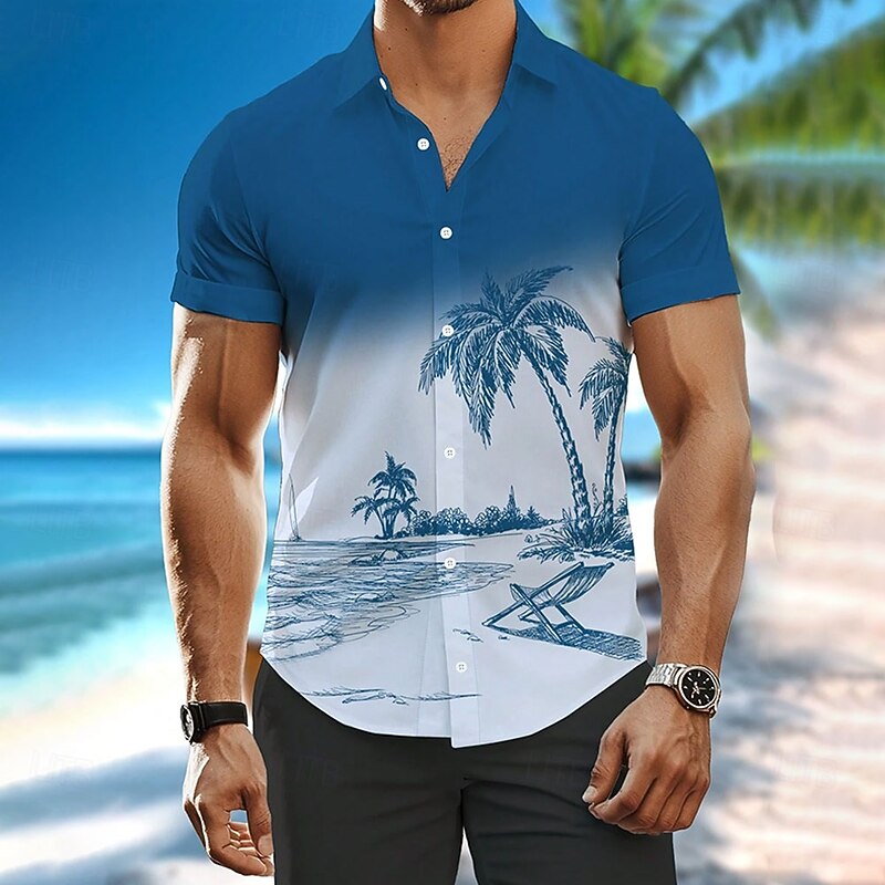 Men's Coconut Tree Gradient Color Tropical Plants Summer Hawaiian Shirt Button Up Shirt Aloha Shirt Short Sleeve Hawaiian Resort Vacation Holiday Beach Wear Summer Spring Turndown Collared Shirts Blue2