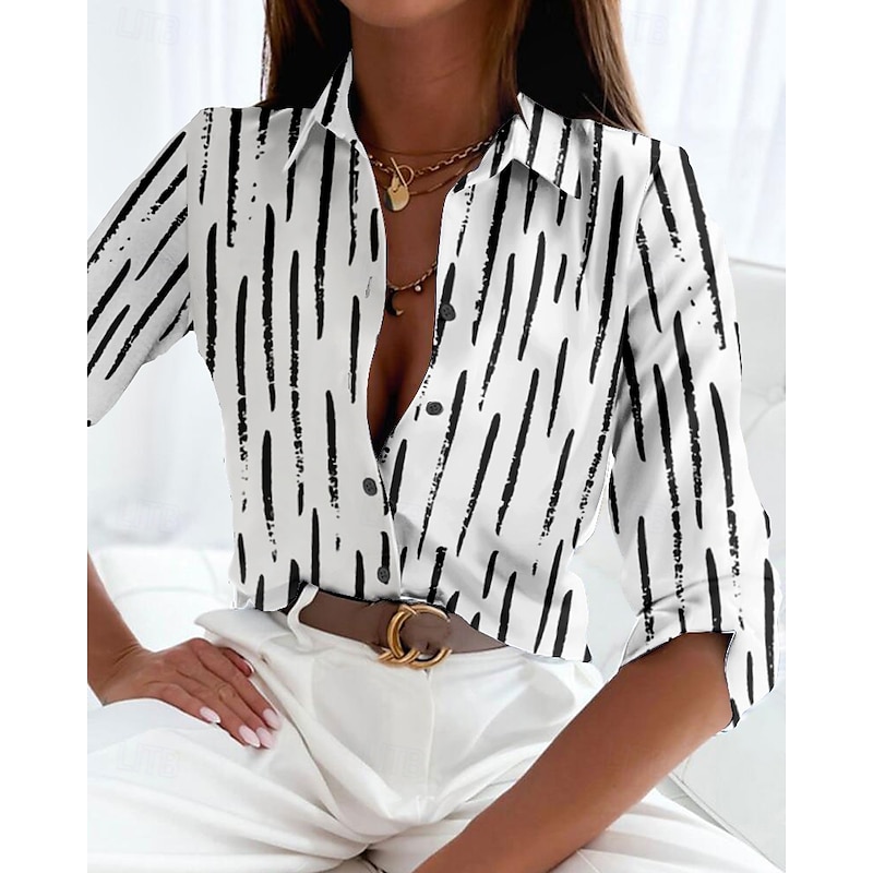 Women's Shirt Long Sleeve Button Down Blouse Basic Striped Buttons Print Regular Tops Shirt Collar Casual Black White Spring Fall