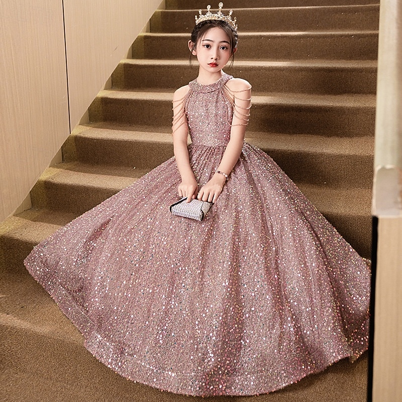 Flower Girl Dress Kid's Girls' Princess Dress Performance Wedding Party Elegant Beautiful Sequins Solid Color Sleeveless Crew Neck Black Red 4 years+2