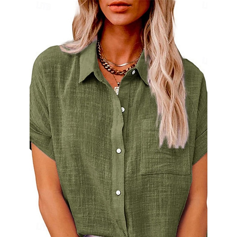 Women's Shirt Cotton Linen Shirts Button Up Blouse Solid Color Basic Casual Short Sleeve Shirt Collar Regular Tops Daily Buttons Pocket Wine Army Green Summer4