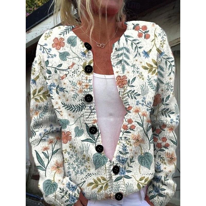 Women's Sweater Cardigan Casual Soft Floral Ribbed Crew Neck Pocket Buttons Knitted Long Sleeve Regular Tops Knit Outdoor Daily Weekend White Pink Fall Winter4
