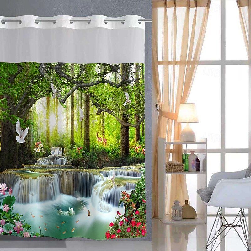 Forest Waffle-Weave Textured Shower Curtain Set with Snap-in Liner and Sheer Window Water-Repellent Polyester, Grommet Top, 120GSM Hotel Quality Spa Style Bathroom Partition No Hooks Required3
