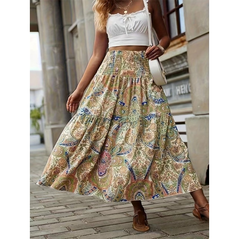 Women's Skirt A Line Fashion Casual Midi Mid Waist Skirts Geometric Print Micro-elastic Street Daily Wine Yellow Summer Polyester3
