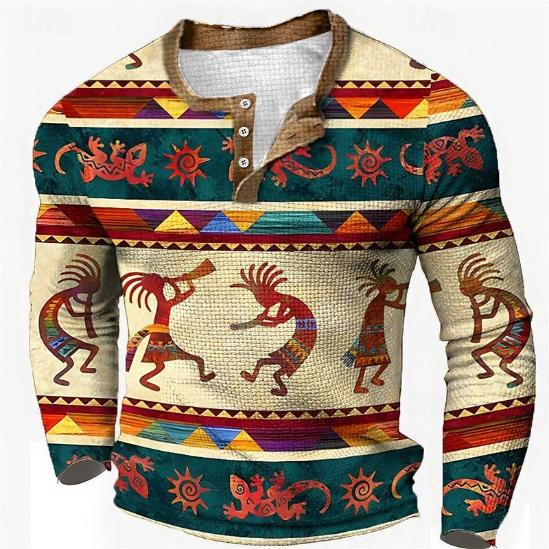Men's Graphic Tribal Henley Shirt Waffle T Shirt Long Sleeve 3D Print Fashion Designer Ethnic Sports Outdoor Holiday Festival Spring &  Fall Blue Brown Green Gray Henley Henley T-Shirt