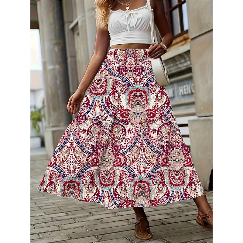Women's Skirt A Line Fashion Casual Midi Mid Waist Skirts Geometric Print Micro-elastic Street Daily Wine Yellow Summer Polyester4