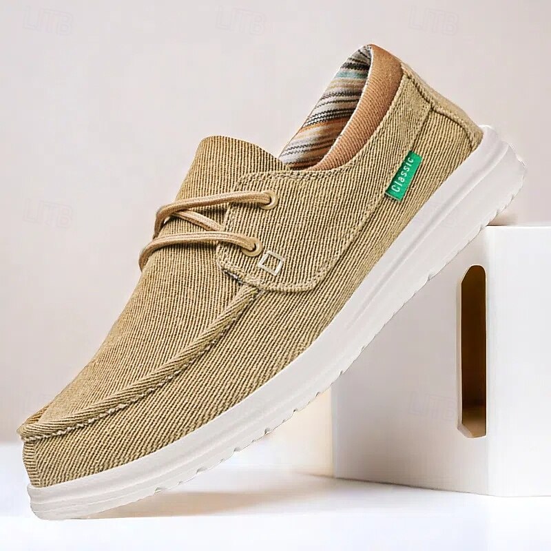 Men's Beige Canvas Boat Shoes with Lace-Up Design and Comfortable Sole – Ideal for Casual and Outdoor Activities