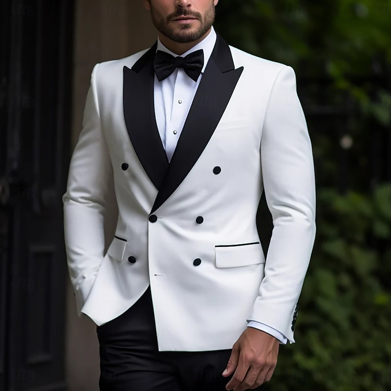 Men's Wedding Party Suits Peaked Lapel Black+White Luxury Formal Solid Colored Tailored Fit 2 Piece Double Breasted Six-buttons