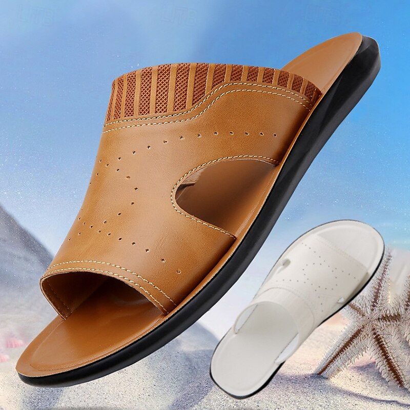Men's Open-Toe Embossed Faux Leather Sandals – Casual Slip-On Design with Breathable Perforations for Summer Outdoor Wear3