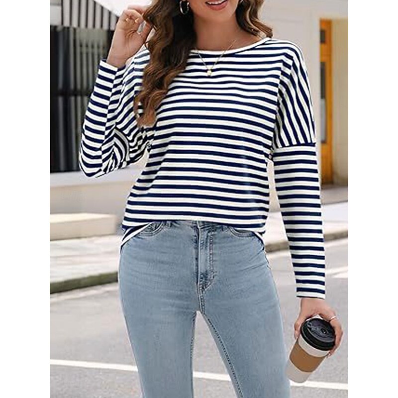 Women's Pullover Sweatshirt Hoodies Striped Fashion Streetwear Casual Long Sleeve Crew Neck Regular Tops Street Dailywear Print Black Blue Spring Fall2