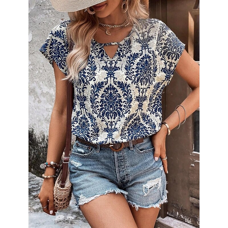 Women's T Shirt Floral Bohemia Vintage Casual Short Sleeve Crew Neck Regular Tops Daily Weekend Navy Blue Brown Summer Spring4