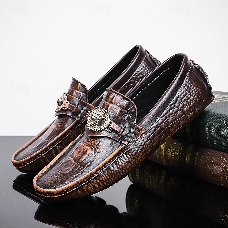 Men's Crocodile Pattern Faux Leather Loafers – Luxury Slip-On Dress Shoes with Metal Lion Decor for Formal and Casual Occasions3