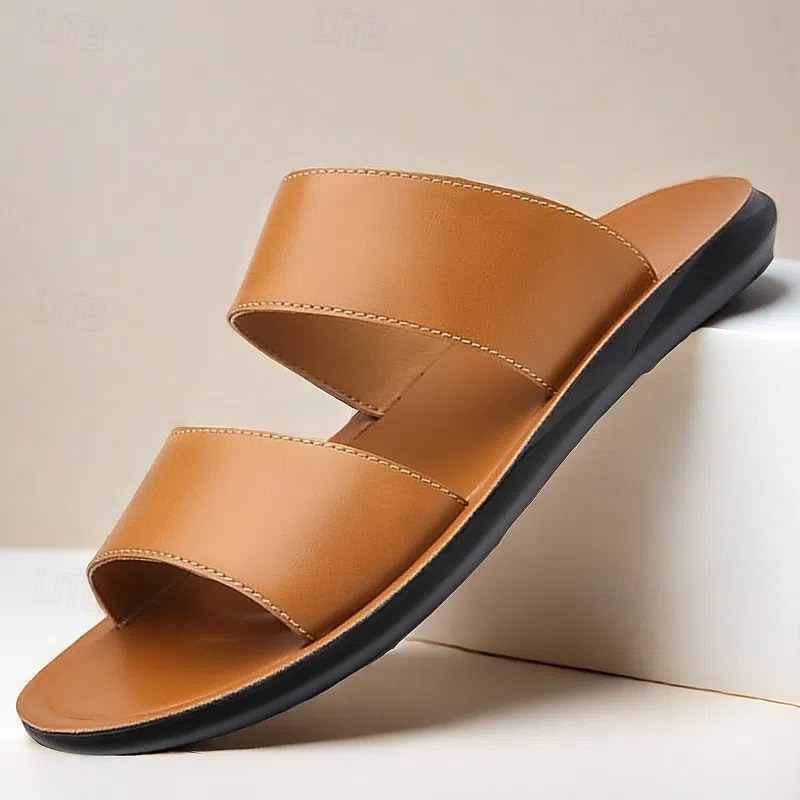 Men's Tan Faux Leather Slide Sandals – Minimalist Double Strap Design, Lightweight and Comfortable Summer Footwear for Beach and Casual Wear