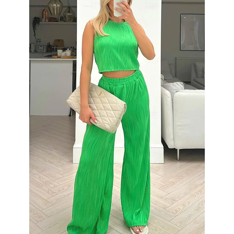 Women's Daily Tank Top Wide Leg Pants Sleeveless Crew Neck Casual Daily Green Beige Summer Regular Fit