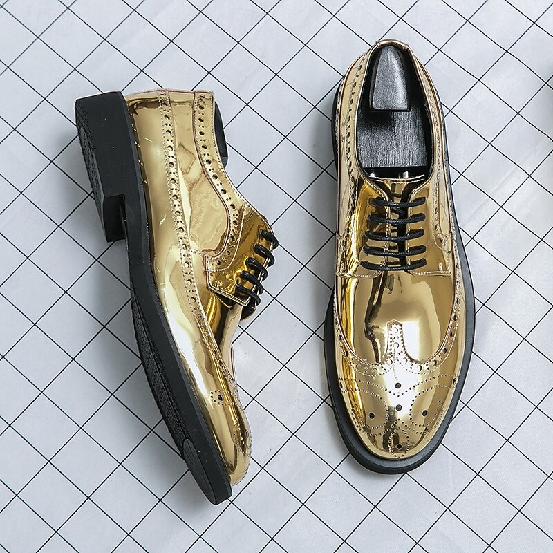 Men's Gold Patent Faux Leather Brogue Shoes - Classic Wingtip Lace-Up Design for Formal Events, Parties and Weddings2