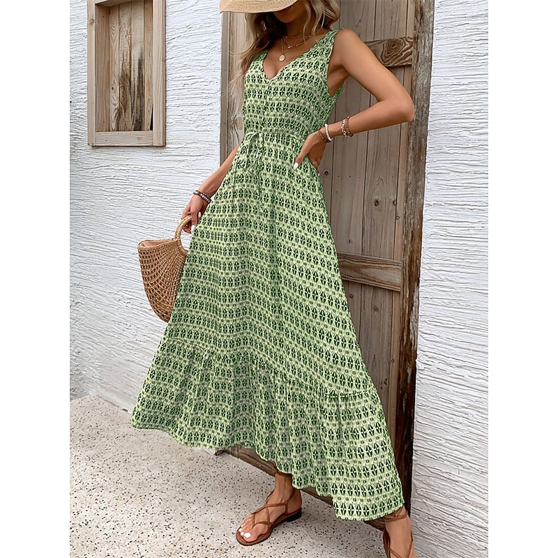 Women's Maxi Dress Casual Dress Swing Dress A Line Dress Tank Dress Stylish Casual Vacation Daily Regular Fit Geometric Sleeveless V Neck Green Apricot Summer