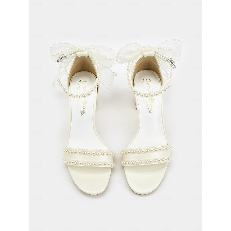 White Pearl-Embellished Bridal Sandals with Bow Strap – Perfect for Weddings and Formal Events4