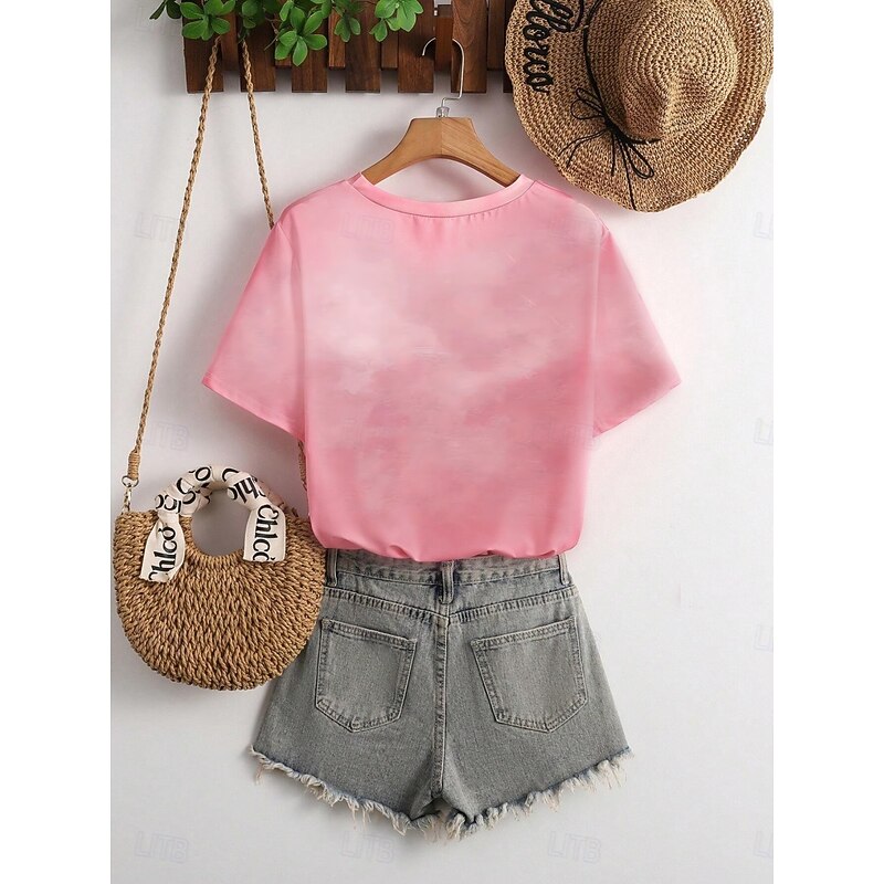 Women's T Shirt Floral Bird Casual Short Sleeve Round Neck Regular Tops Daily Print Pink Summer2