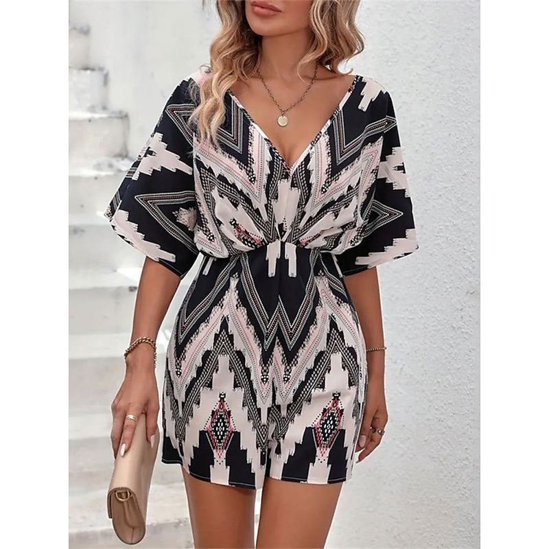 Women's Normal Romper Active Geometric Short Sleeve V Neck High Waist Print Vacation Daily Regular Fit Black Summer4