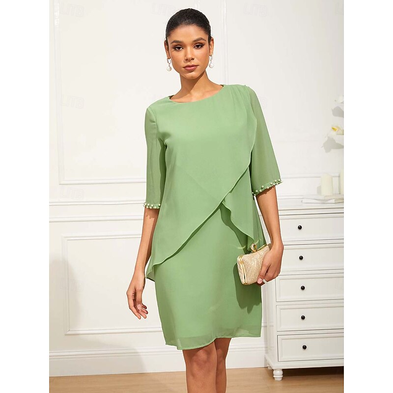 Women's Knee Length Dress Chiffon Dress Elegant Formal Wedding Guest Cocktail Party Loose Fit 3/4 Length Sleeve Crew Neck Green Summer Spring4