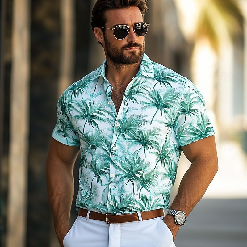 Men's Coconut Tree Tropical Plants Summer Hawaiian Shirt Button Up Shirt Aloha Shirt Short Sleeve Hawaiian Resort Vacation Holiday Beach Wear Summer Spring Turndown 3D Print Collared Shirts Blue Green3