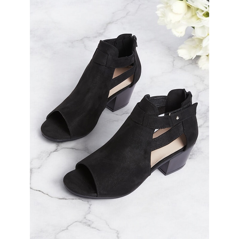 Women's Black Open-Toe Faux Suede Heel Sandals with Cut-Out Design for Work and Evening Wear4