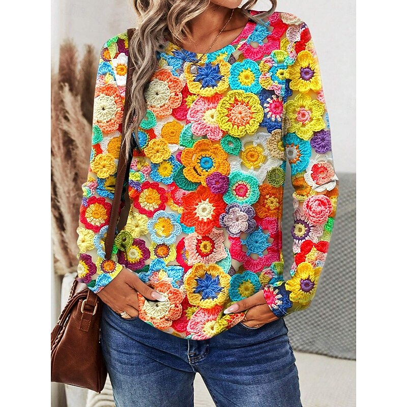 Women's T shirt Crew Neck Long Sleeve Tunic Graphic Casual  Regular Tops Daily Print Orange Spring Fall