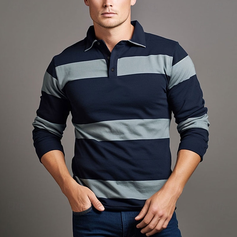 Men's Striped Rugby Polo Long Sleeve Polo Shirts Collared Shirts Sportswear Casual School Outdoor Athleisure 3D Print Spring Fall Winter Dark Blue