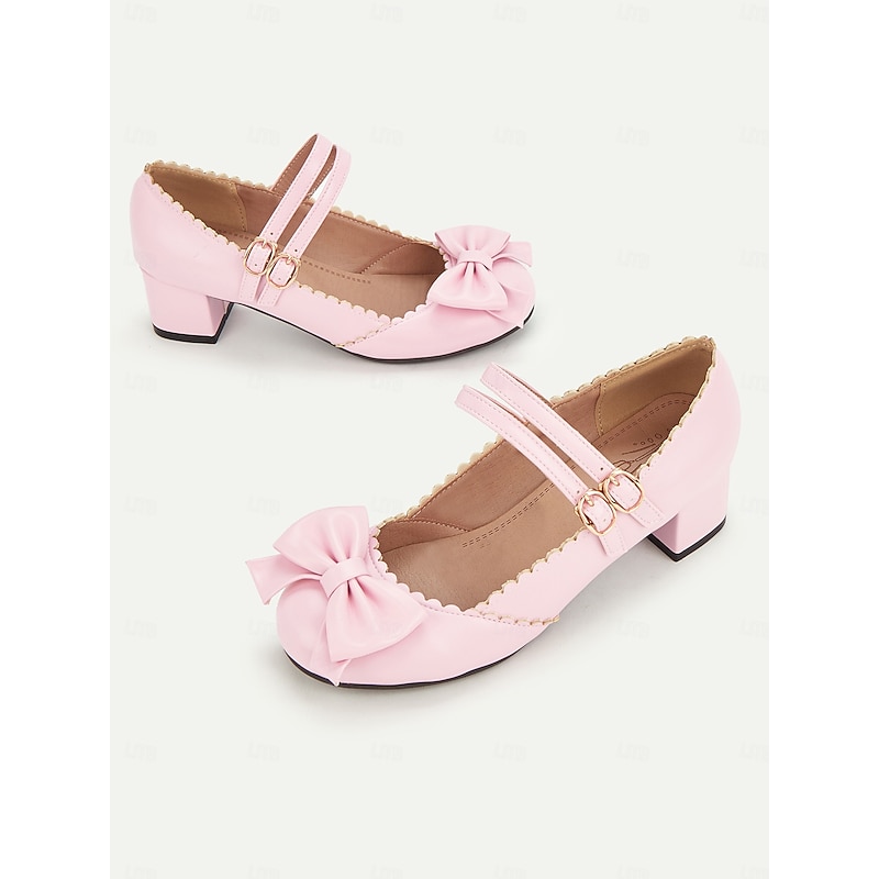 Women's Pink Mary Jane Heels with Double Buckle Strap and Bow Detail - Cute Retro Style Block Heel Shoes for Casual and Dressy Occasions2