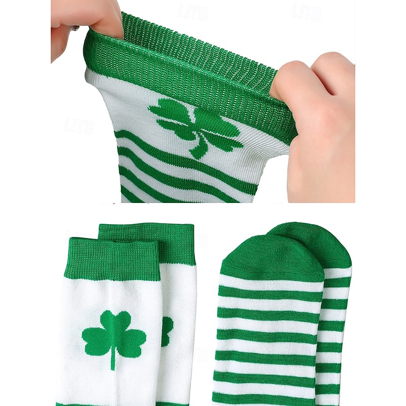 St. Patrick's Day Green and White Striped Knee-High Socks and Fingerless Gloves Set with Shamrock Design, Festive Accessories for Women, Perfect for Holiday Celebrations and Costume Parties4