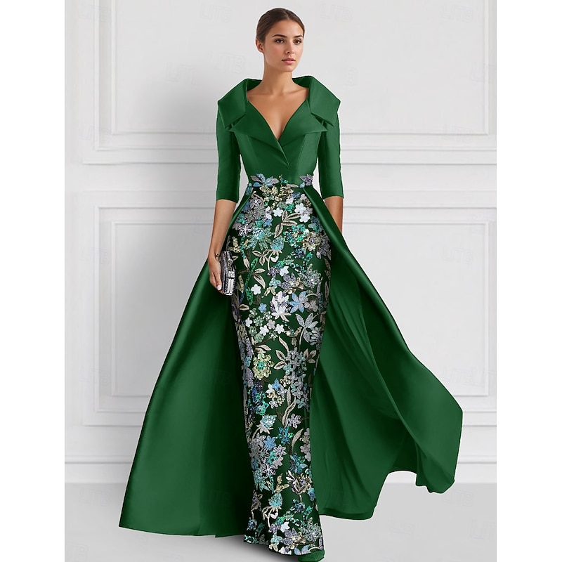 Embroidered Ball Gown A-Line Evening Gown Elegant Dress Formal Wedding Floor Length Half Sleeve Shirt Collar Satin with Slit Appliques 7