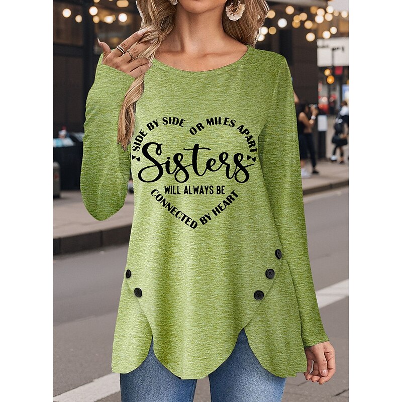 Women's T Shirt Heart Letter Casual Long Sleeve Crew Neck Regular Tops Daily Buttons Print Asymmetrical Green Spring Fall3