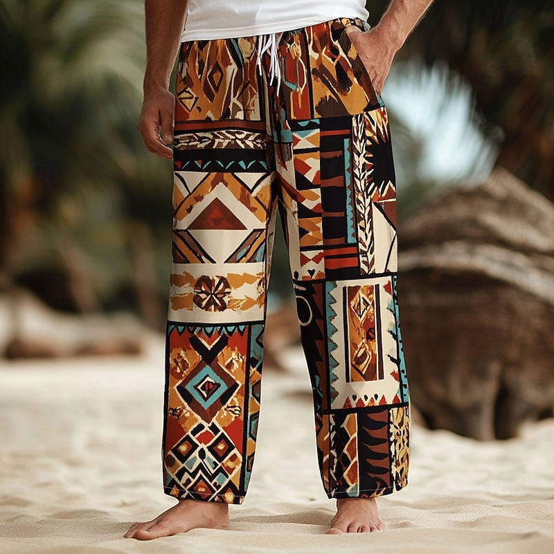 Men's Patchwork Trousers Casual Pants Drawstring Elastic Waist Hawaiian Ethnic Vintage Retro Outdoor Vacation Holiday Side Pockets Straight Leg Trousers Summer Spring Fall 3D Print Black