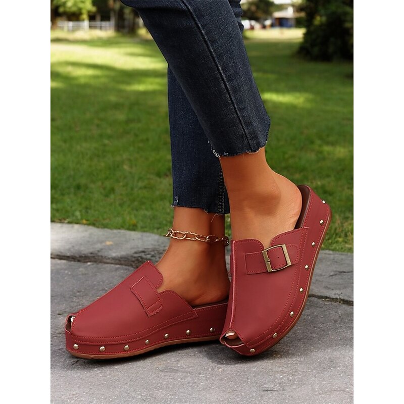 Women's Peep-Toe Wedge Mules with Buckle Straps and Studded Accents – Comfortable Slip-On Sandals for Casual Wear and Summer Outings4