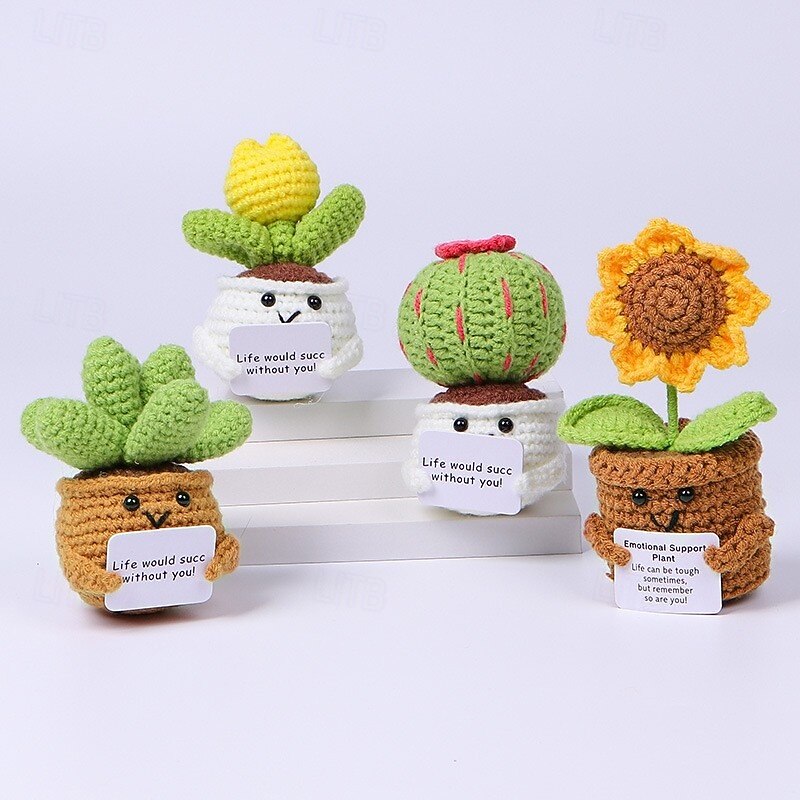 Crochet Positive Cactus Handmade Knitted Cactus Toy Cute Funny Potato Emotional Positive Life Doll Ornaments Gifts with Encouraging Card for Adults Kids Friends Room Office Desktop Decor