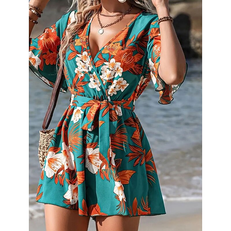 Women's Normal Romper Active Floral Short Sleeve V Neck High Waist Print Vacation Daily Regular Fit Black Green Summer2