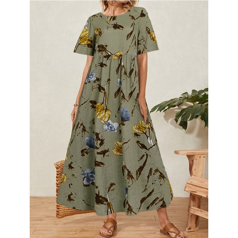 Women's Maxi Dress Cotton Linen Dresses Casual Dress Swing Dress Cotton Maxi Dress Stylish Casual Vacation Daily Regular Fit Floral Short Sleeve Crew Neck Light Yellow Green Summer - Main Image
