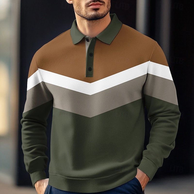 Men's Stripes Rugby Polo Cable Knit Polo Long Sleeve Polo Shirts Collared Shirts Casual Outdoor Athleisure 3D Print Spring Fall Winter Black Blue Green3