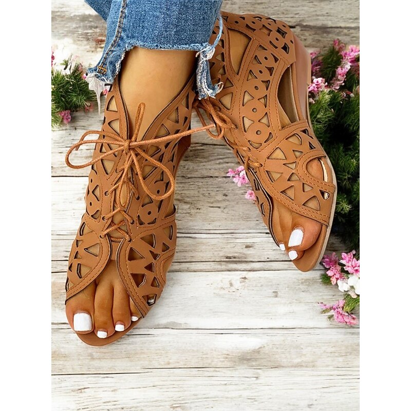 Women's Tan Cut-out Wedge Sandals with Lace-up Design – Comfortable Summer Footwear for Casual Outings3