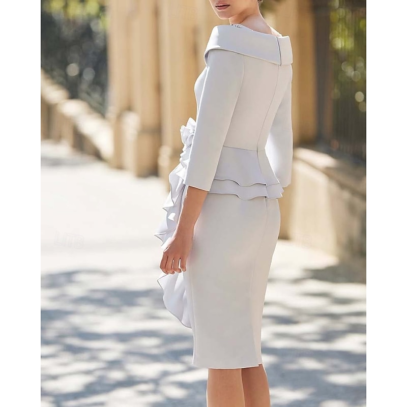 Dress Sets Mother of the Bride Dress Formal Wedding Guest Elegant Vintage Simple V Neck Tea Length Stretch Fabric 3/4 Length Sleeve with Cascading Ruffles Flower Race Day Dress3