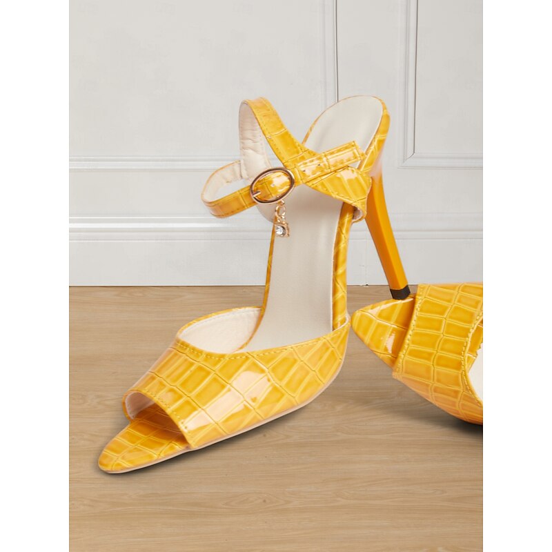 Women's Yellow Croc-Embossed Stiletto Heels with Ankle Strap and Open Toe - Elegant Party Shoes for Formal Occasions and Evening Wear2